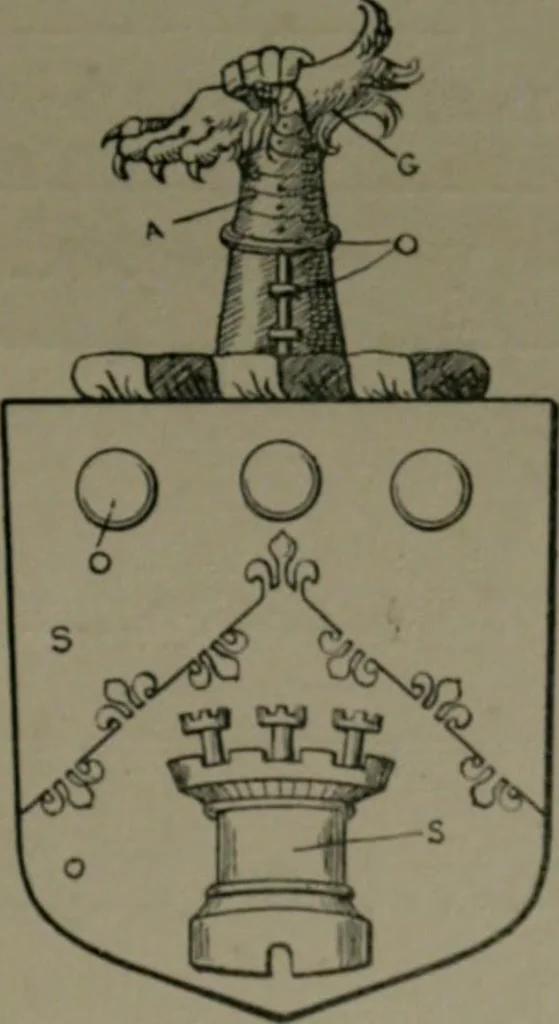 An illustration from Middlesex pedigrees, as collected by Richard Mundy in Harleian ms. no. 1551, 1914, leaf 158