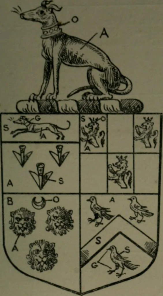 An illustration from Middlesex pedigrees, as collected by Richard Mundy in Harleian ms. no. 1551, 1914, leaf 180