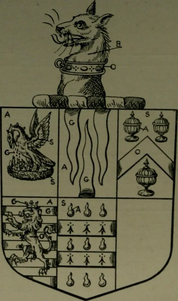 An illustration from Middlesex pedigrees, as collected by Richard Mundy in Harleian ms. no. 1551, 1914, leaf 195