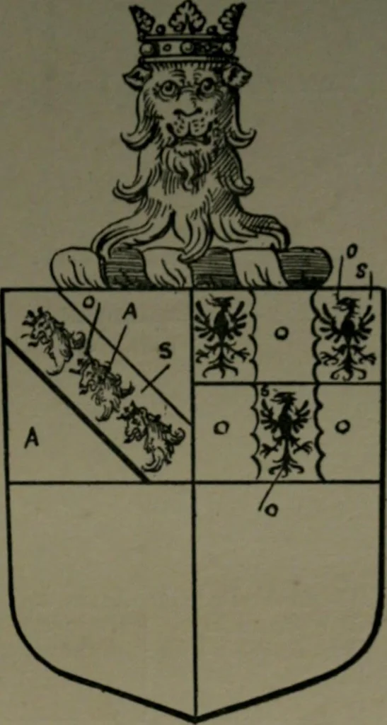 An illustration from Middlesex pedigrees, as collected by Richard Mundy in Harleian ms. no. 1551, 1914, leaf 32