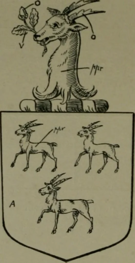 An illustration from Middlesex pedigrees, as collected by Richard Mundy in Harleian ms. no. 1551, 1914, leaf 65