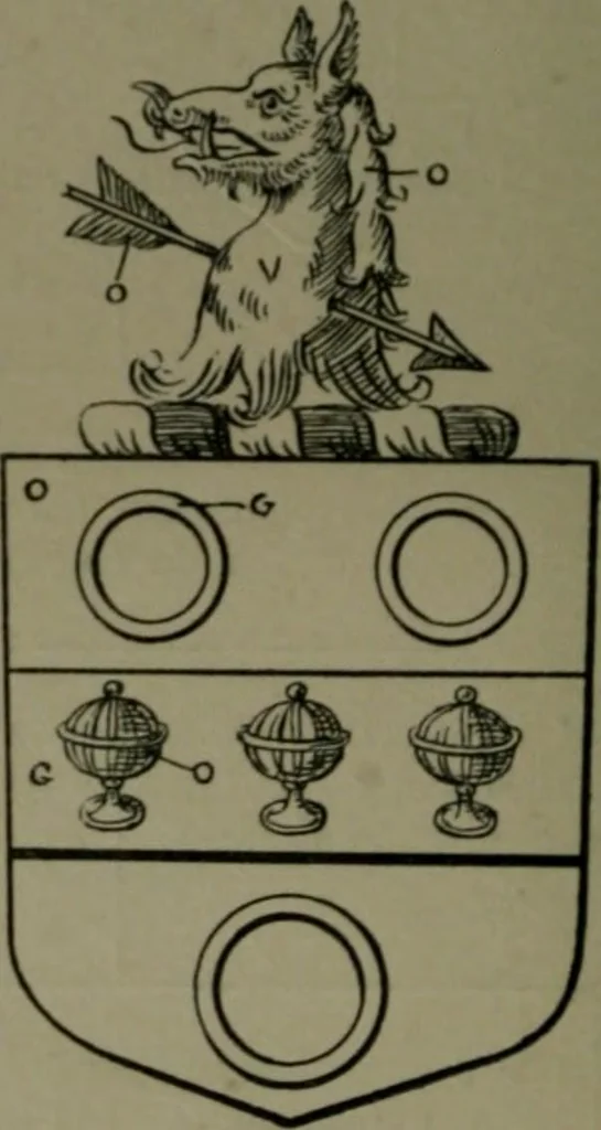 An illustration from Middlesex pedigrees, as collected by Richard Mundy in Harleian ms. no. 1551, 1914, leaf 69