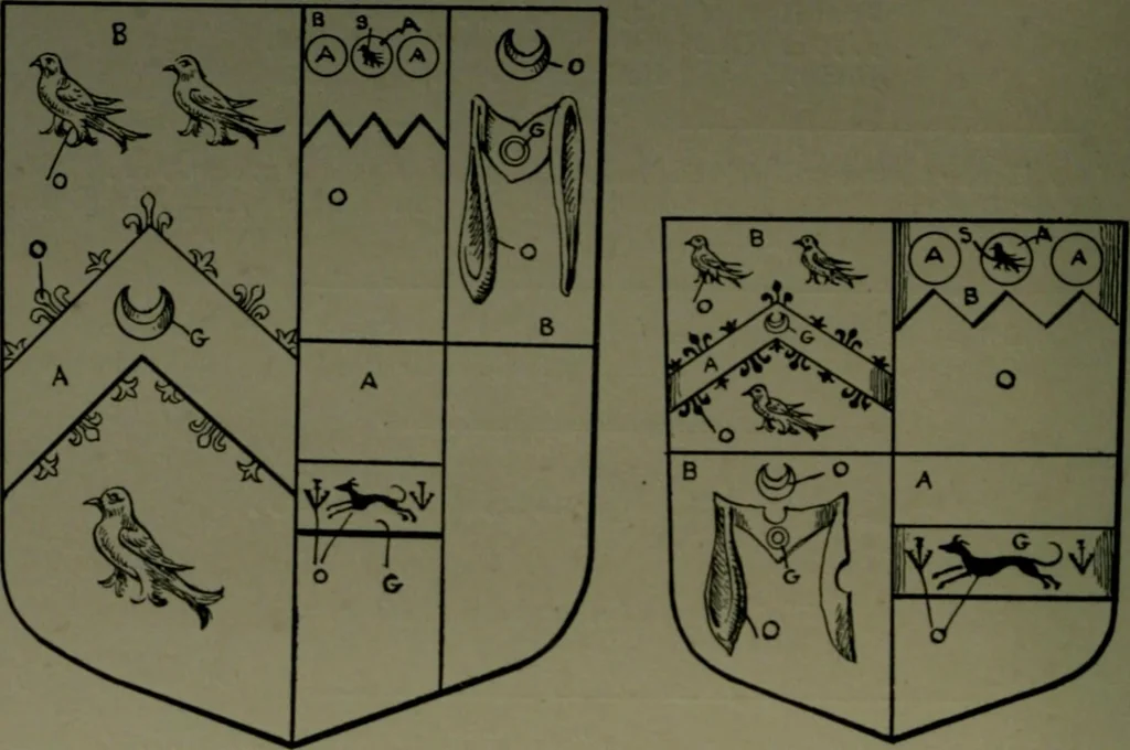 An illustration from Middlesex pedigrees, as collected by Richard Mundy in Harleian ms. no. 1551, 1914, leaf 87