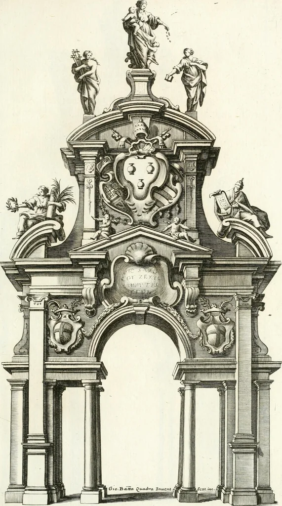An illustration from Milano sempre grande : nel procurare la promozione de' suoi figli alla dignità di padre e di pastore, nell' ergere pomposo apparato a riceverli, nel mantenere vn filiale ossequio dopo riceuuti : circonstanze descritte nell' elezione, e nel solenne ingresso fatto in Milano dall' eminentissimo signor cardinale Federico Caccia suo arciuescouo, il giorno 11. di decembre 1696, 1697, leaf 78