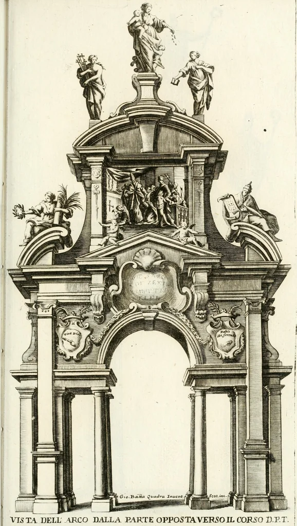 An illustration from Milano sempre grande : nel procurare la promozione de' suoi figli alla dignità di padre e di pastore, nell' ergere pomposo apparato a riceverli, nel mantenere vn filiale ossequio dopo riceuuti : circonstanze descritte nell' elezione, e nel solenne ingresso fatto in Milano dall' eminentissimo signor cardinale Federico Caccia suo arciuescouo, il giorno 11. di decembre 1696, 1697, leaf 80