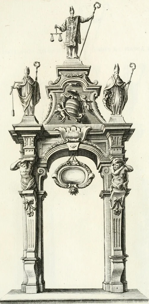 An illustration from Milano sempre grande : nel procurare la promozione de' suoi figli alla dignità di padre e di pastore, nell' ergere pomposo apparato a riceverli, nel mantenere vn filiale ossequio dopo riceuuti : circonstanze descritte nell' elezione, e nel solenne ingresso fatto in Milano dall' eminentissimo signor cardinale Federico Caccia suo arciuescouo, il giorno 11. di decembre 1696, 1697, leaf 82