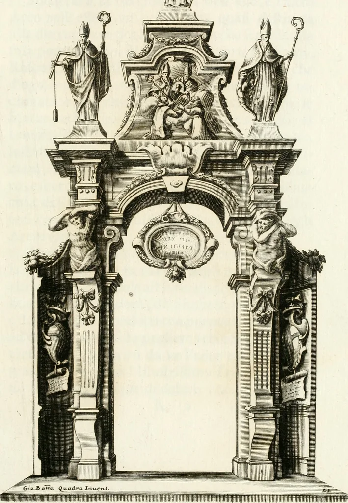 An illustration from Milano sempre grande : nel procurare la promozione de' suoi figli alla dignità di padre e di pastore, nell' ergere pomposo apparato a riceverli, nel mantenere vn filiale ossequio dopo riceuuti : circonstanze descritte nell' elezione, e nel solenne ingresso fatto in Milano dall' eminentissimo signor cardinale Federico Caccia suo arciuescouo, il giorno 11. di decembre 1696, 1697, leaf 84