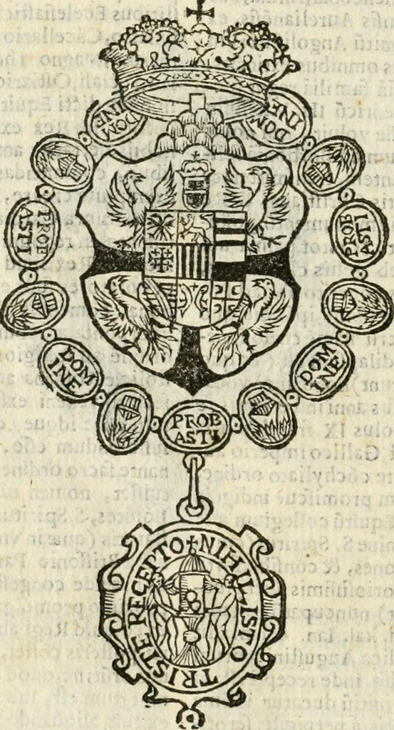 An illustration from Militarium ordinum origines, statuta, symbola, et insignia, iconibus, additis genuinis : hac editione multorum ordinum, & quoquot extitere, accessione locupletata, serie[que] temporum distributa, 1623, leaf 103