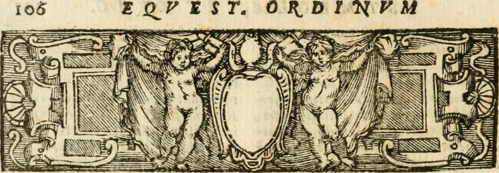 An illustration from Militarium ordinum origines, statuta, symbola, et insignia, iconibus, additis genuinis : hac editione multorum ordinum, & quoquot extitere, accessione locupletata, serie[que] temporum distributa, 1623, leaf 121