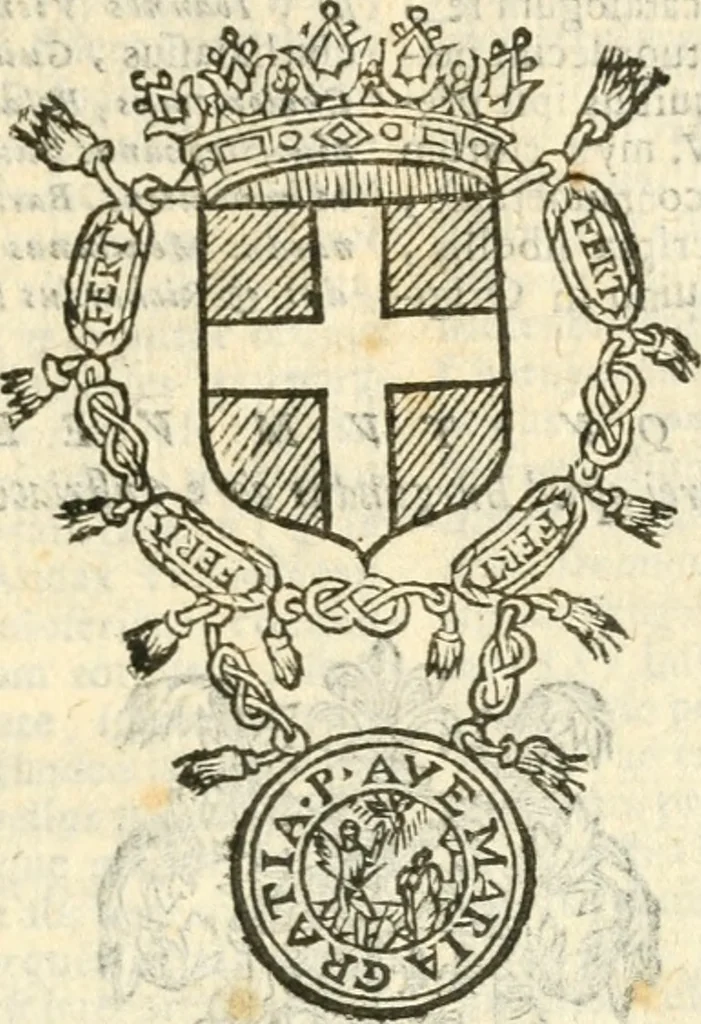An illustration from Militarium ordinum origines, statuta, symbola, et insignia, iconibus, additis genuinis : hac editione multorum ordinum, & quoquot extitere, accessione locupletata, serie[que] temporum distributa, 1623, leaf 72