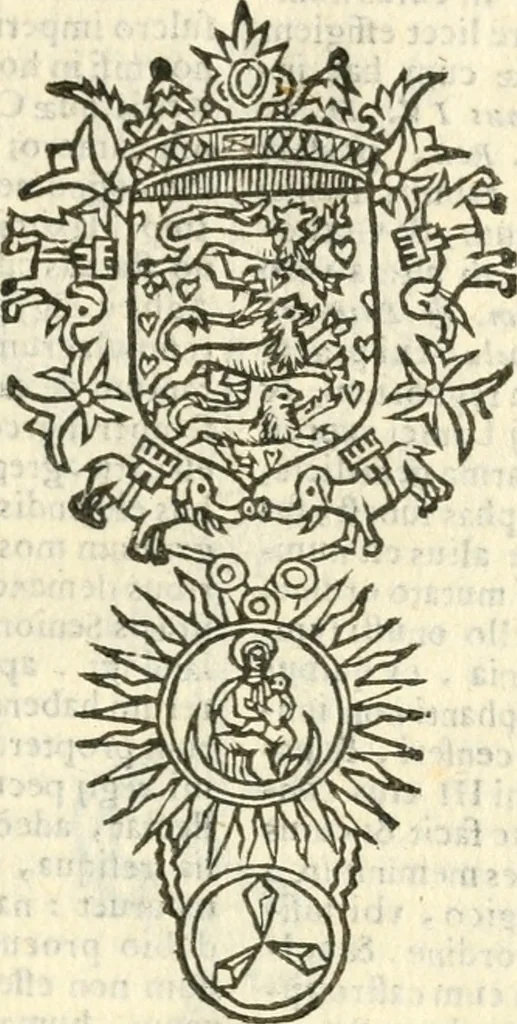 An illustration from Militarium ordinum origines, statuta, symbola, et insignia, iconibus, additis genuinis : hac editione multorum ordinum, & quoquot extitere, accessione locupletata, serie[que] temporum distributa, 1623, leaf 80