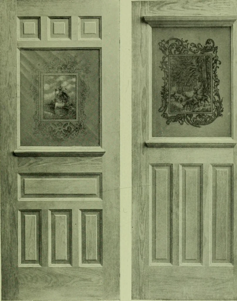 An illustration from Millwork catalogue : makers of the original patent dowelled doors, sash, blinds, fine interior finish, store and office fixtures, bank counters, dealers in lumber, etc, 1904, leaf 96
