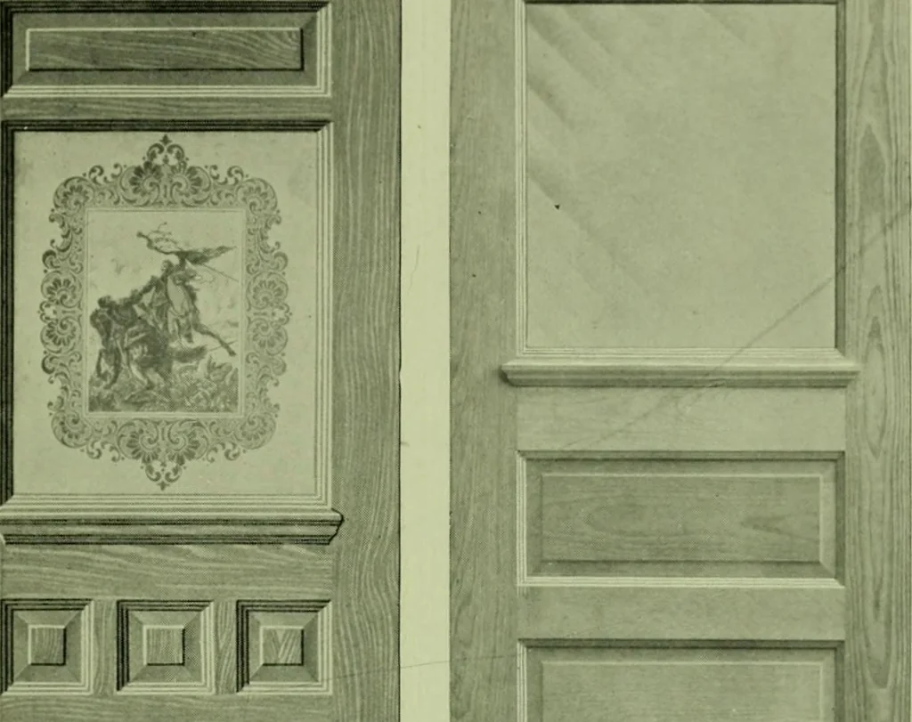 An illustration from Millwork catalogue : makers of the original patent dowelled doors, sash, blinds, fine interior finish, store and office fixtures, bank counters, dealers in lumber, etc, 1904, leaf 98