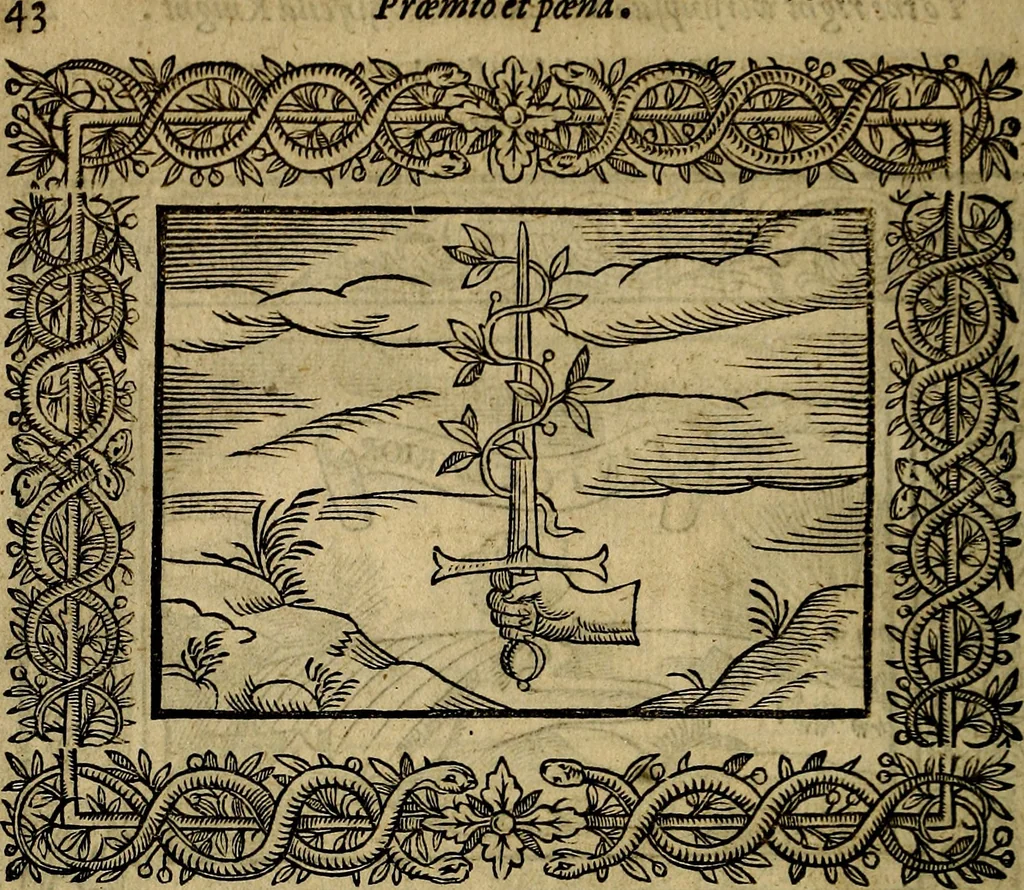 An illustration from Minerva Britanna Or A Garden Of Heroical Deuises, furnished, and adorned with Emblemes and Impresa's of sundry natures, 1612, leaf 63