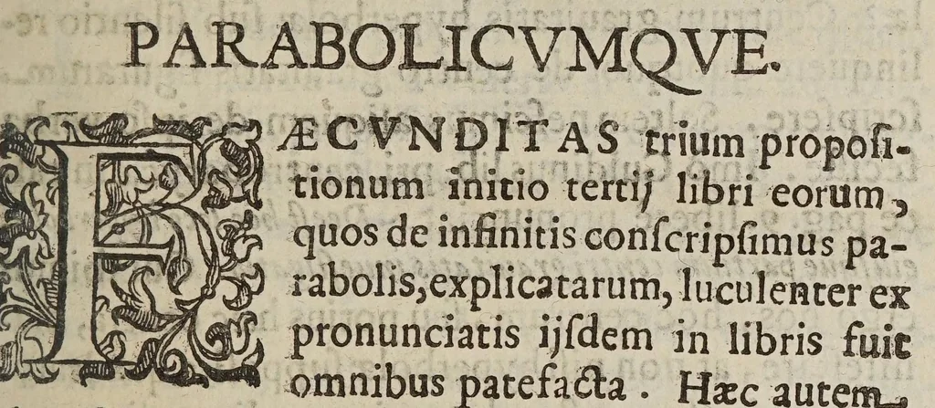 An illustration from Miscellanevm hyperbolicvm, et parabolicvm : in qvo praecipve agitvr de centris grauitatis hyperbolae, partium eiusdem, atque nonnullorum solidorum, de quibus nunquam geometria locuta est : parabola nouiter quadratur dupliciter : ducuntur infinitarum parabolarum tangentes : assignantur maxima inscriptibilia, minimaque circumscriptibilia : infinitis parabolis, conoidibus, ac semifusis parabolicis : aliaque geometrica noua exponuntur scitu digna, 1659, leaf 15