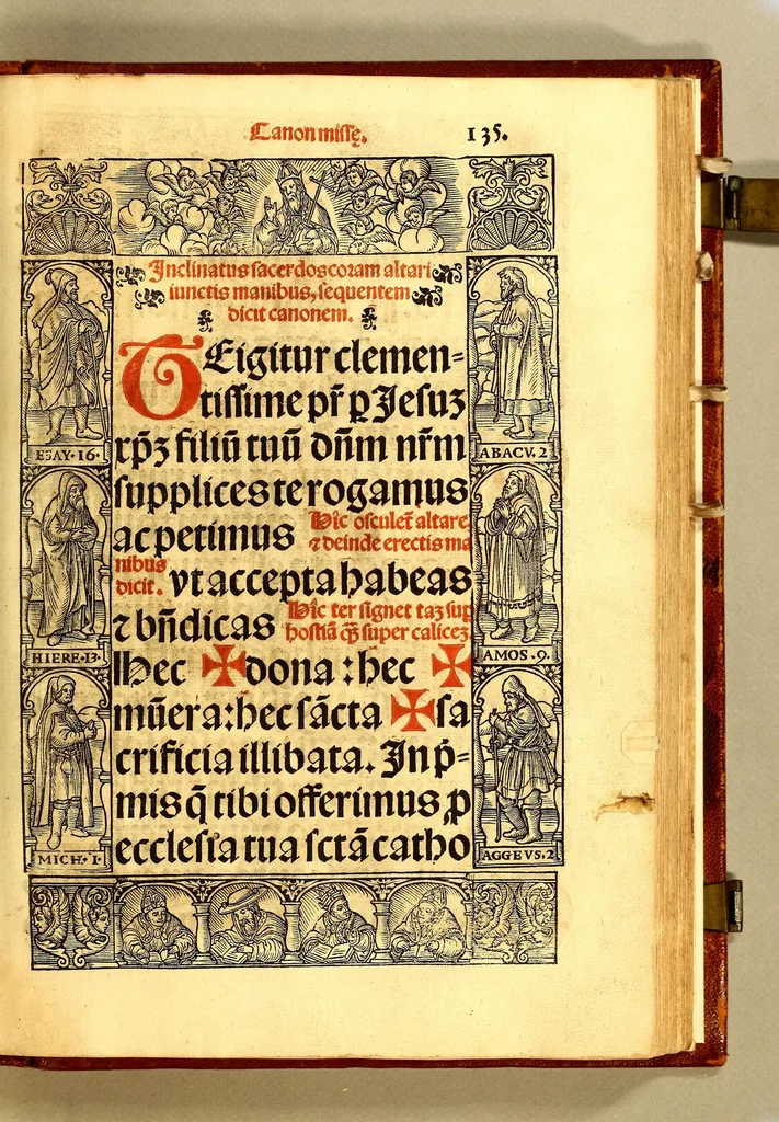 An illustration from Missale romanum ordinarium. : Misale romanum nuper adoptatum co[m]modu[m] quoru[m]cu[m]q[ue] sacerdotu[m] summa diligentia distinctu[m]: atq[ue] ita ex nouo ordine digestu[m] vt apposit[is] introitib[us], gradualib[us], offertorijs [et] co[m]munionibus o[mn]es miss[a]e sint in suis loc[is] integre. In quo etia[m] adiunct[a]e sunt mult[a]e miss[a]e uou[a]e [sic], [et] alia plurima sup[er]addita, q[uae] in missalib[us] hacten[us] i[m]p[re]ssis d[e]sideraba[n]tur. 1561, 1561, leaf 249