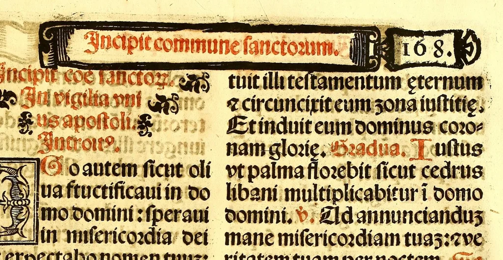 An illustration from Missale romanum ordinarium. : Misale romanum nuper adoptatum co[m]modu[m] quoru[m]cu[m]q[ue] sacerdotu[m] summa diligentia distinctu[m]: atq[ue] ita ex nouo ordine digestu[m] vt apposit[is] introitib[us], gradualib[us], offertorijs [et] co[m]munionibus o[mn]es miss[a]e sint in suis loc[is] integre. In quo etia[m] adiunct[a]e sunt mult[a]e miss[a]e uou[a]e [sic], [et] alia plurima sup[er]addita, q[uae] in missalib[us] hacten[us] i[m]p[re]ssis d[e]sideraba[n]tur. 1561, 1561, leaf 515