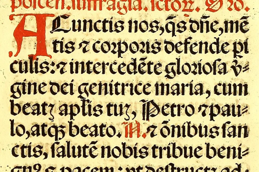 An illustration from Missale romanum ordinarium. : Misale romanum nuper adoptatum co[m]modu[m] quoru[m]cu[m]q[ue] sacerdotu[m] summa diligentia distinctu[m]: atq[ue] ita ex nouo ordine digestu[m] vt apposit[is] introitib[us], gradualib[us], offertorijs [et] co[m]munionibus o[mn]es miss[a]e sint in suis loc[is] integre. In quo etia[m] adiunct[a]e sunt mult[a]e miss[a]e uou[a]e [sic], [et] alia plurima sup[er]addita, q[uae] in missalib[us] hacten[us] i[m]p[re]ssis d[e]sideraba[n]tur. 1561, 1561, leaf 89