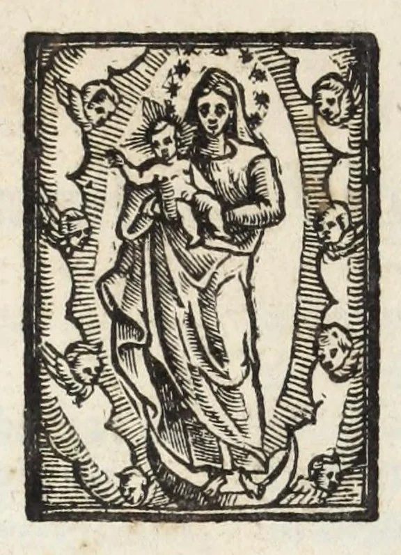 An illustration from Missa sacratissimi rosarii Beatissimae Virginis Mariae : priuilegiata a domino nostro Papa Paulo III. et Gregorio Decimotertio : cum missis de S. Angelo Custode, de S. Gregorio papa conf. & Ecclesiae doctore, de Sancto Carolo episcopo, ac de Sanctis Quindecim Auxiliatoribus, 1618, leaf 3