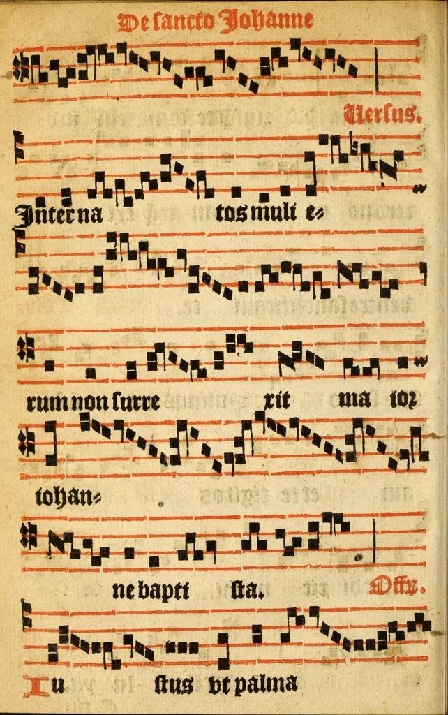 An illustration from Misse familiares cum suis ca[n]tibu[us] angelicis nuperrime ad vngue[m] recognite : nam pleraq[ue] in vetustiorib[us] exe[m]plarib[us] truncata, in hac nouissima recognitione reintegrata sunt sicuti precipue in intonationibus Psalmorum videre est. Misse sole[n]niores toti[us] anni, nuperrime ad vngue[m] recognite. Communes prose totius anni nouissime emendate, 1526, leaf 102
