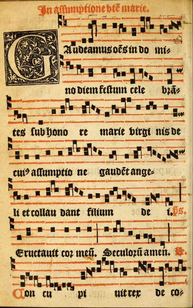 An illustration from Misse familiares cum suis ca[n]tibu[us] angelicis nuperrime ad vngue[m] recognite : nam pleraq[ue] in vetustiorib[us] exe[m]plarib[us] truncata, in hac nouissima recognitione reintegrata sunt sicuti precipue in intonationibus Psalmorum videre est. Misse sole[n]niores toti[us] anni, nuperrime ad vngue[m] recognite. Communes prose totius anni nouissime emendate, 1526, leaf 104