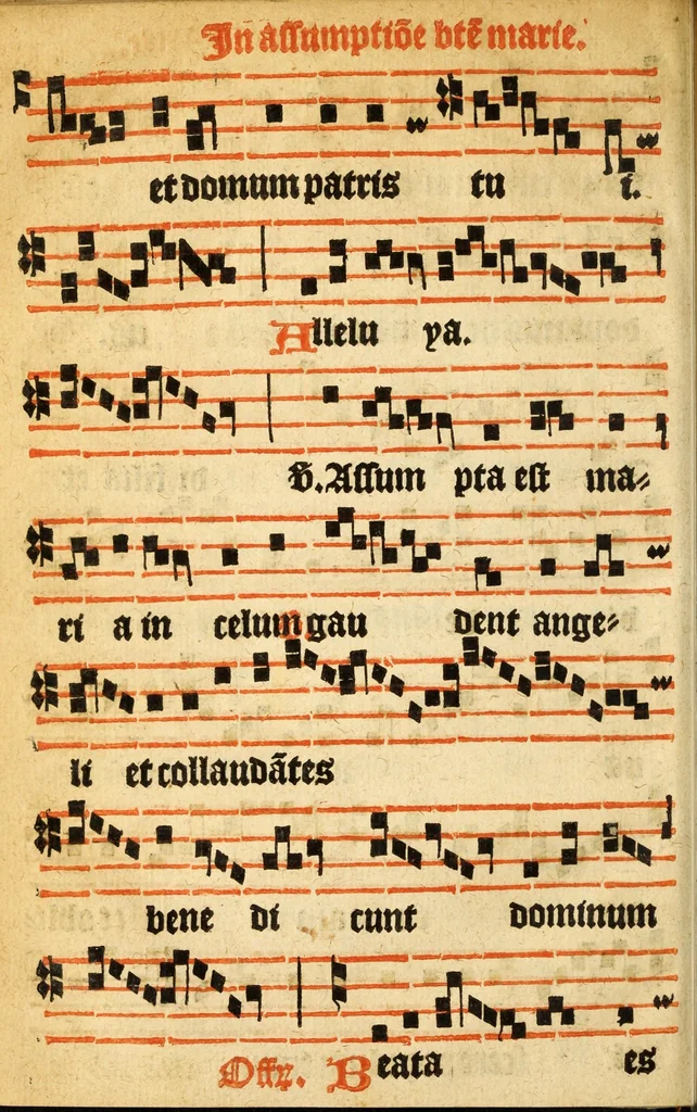 An illustration from Misse familiares cum suis ca[n]tibu[us] angelicis nuperrime ad vngue[m] recognite : nam pleraq[ue] in vetustiorib[us] exe[m]plarib[us] truncata, in hac nouissima recognitione reintegrata sunt sicuti precipue in intonationibus Psalmorum videre est. Misse sole[n]niores toti[us] anni, nuperrime ad vngue[m] recognite. Communes prose totius anni nouissime emendate, 1526, leaf 106