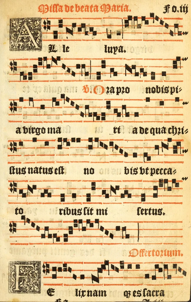 An illustration from Misse familiares cum suis ca[n]tibu[us] angelicis nuperrime ad vngue[m] recognite : nam pleraq[ue] in vetustiorib[us] exe[m]plarib[us] truncata, in hac nouissima recognitione reintegrata sunt sicuti precipue in intonationibus Psalmorum videre est. Misse sole[n]niores toti[us] anni, nuperrime ad vngue[m] recognite. Communes prose totius anni nouissime emendate, 1526, leaf 11