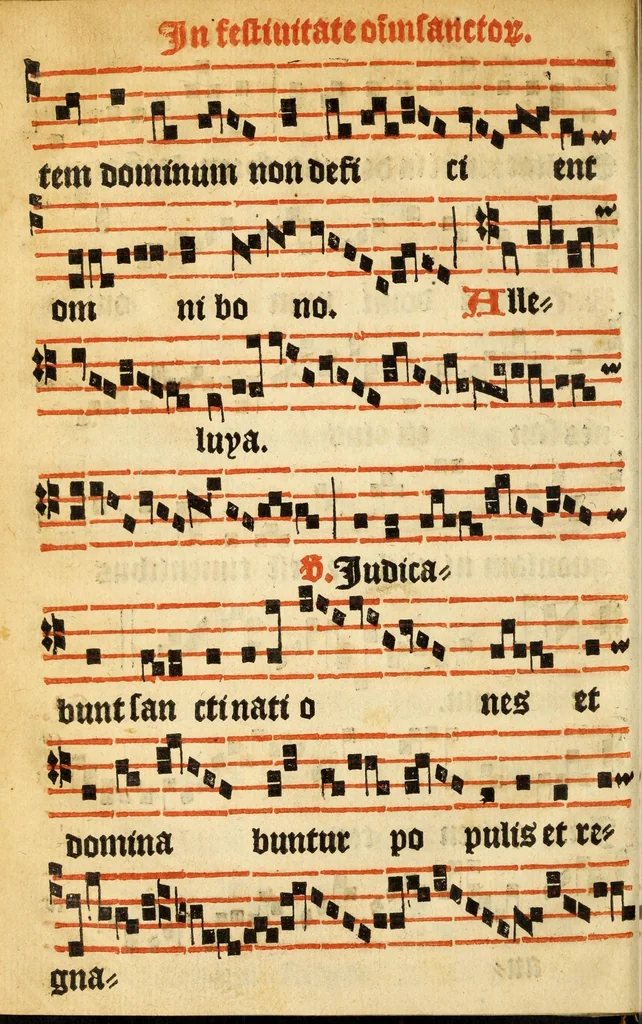 An illustration from Misse familiares cum suis ca[n]tibu[us] angelicis nuperrime ad vngue[m] recognite : nam pleraq[ue] in vetustiorib[us] exe[m]plarib[us] truncata, in hac nouissima recognitione reintegrata sunt sicuti precipue in intonationibus Psalmorum videre est. Misse sole[n]niores toti[us] anni, nuperrime ad vngue[m] recognite. Communes prose totius anni nouissime emendate, 1526, leaf 110