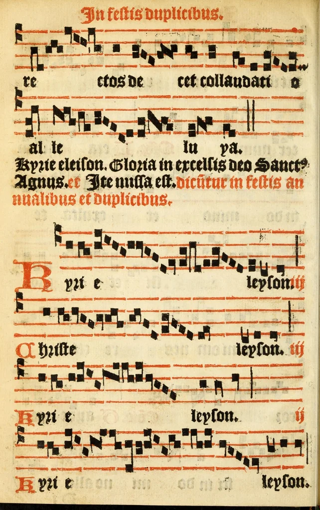 An illustration from Misse familiares cum suis ca[n]tibu[us] angelicis nuperrime ad vngue[m] recognite : nam pleraq[ue] in vetustiorib[us] exe[m]plarib[us] truncata, in hac nouissima recognitione reintegrata sunt sicuti precipue in intonationibus Psalmorum videre est. Misse sole[n]niores toti[us] anni, nuperrime ad vngue[m] recognite. Communes prose totius anni nouissime emendate, 1526, leaf 112