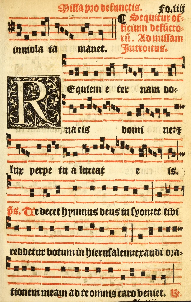 An illustration from Misse familiares cum suis ca[n]tibu[us] angelicis nuperrime ad vngue[m] recognite : nam pleraq[ue] in vetustiorib[us] exe[m]plarib[us] truncata, in hac nouissima recognitione reintegrata sunt sicuti precipue in intonationibus Psalmorum videre est. Misse sole[n]niores toti[us] anni, nuperrime ad vngue[m] recognite. Communes prose totius anni nouissime emendate, 1526, leaf 13