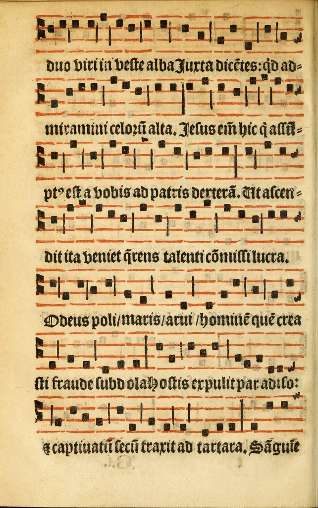 An illustration from Misse familiares cum suis ca[n]tibu[us] angelicis nuperrime ad vngue[m] recognite : nam pleraq[ue] in vetustiorib[us] exe[m]plarib[us] truncata, in hac nouissima recognitione reintegrata sunt sicuti precipue in intonationibus Psalmorum videre est. Misse sole[n]niores toti[us] anni, nuperrime ad vngue[m] recognite. Communes prose totius anni nouissime emendate, 1526, leaf 136