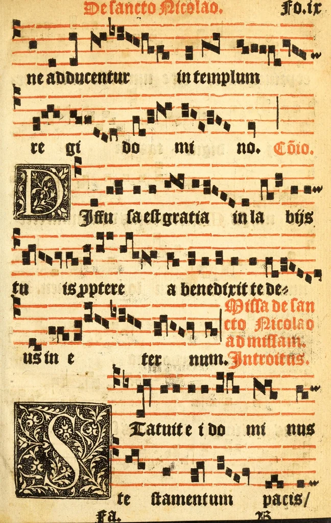 An illustration from Misse familiares cum suis ca[n]tibu[us] angelicis nuperrime ad vngue[m] recognite : nam pleraq[ue] in vetustiorib[us] exe[m]plarib[us] truncata, in hac nouissima recognitione reintegrata sunt sicuti precipue in intonationibus Psalmorum videre est. Misse sole[n]niores toti[us] anni, nuperrime ad vngue[m] recognite. Communes prose totius anni nouissime emendate, 1526, leaf 23