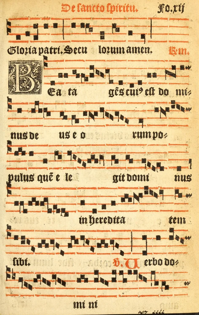 An illustration from Misse familiares cum suis ca[n]tibu[us] angelicis nuperrime ad vngue[m] recognite : nam pleraq[ue] in vetustiorib[us] exe[m]plarib[us] truncata, in hac nouissima recognitione reintegrata sunt sicuti precipue in intonationibus Psalmorum videre est. Misse sole[n]niores toti[us] anni, nuperrime ad vngue[m] recognite. Communes prose totius anni nouissime emendate, 1526, leaf 29