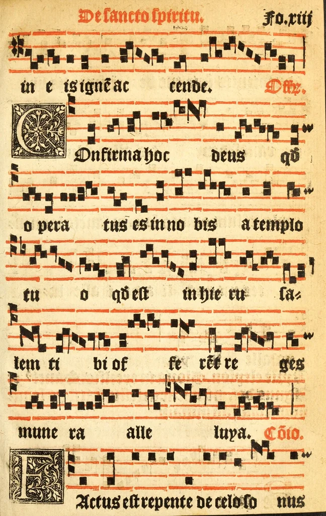 An illustration from Misse familiares cum suis ca[n]tibu[us] angelicis nuperrime ad vngue[m] recognite : nam pleraq[ue] in vetustiorib[us] exe[m]plarib[us] truncata, in hac nouissima recognitione reintegrata sunt sicuti precipue in intonationibus Psalmorum videre est. Misse sole[n]niores toti[us] anni, nuperrime ad vngue[m] recognite. Communes prose totius anni nouissime emendate, 1526, leaf 31