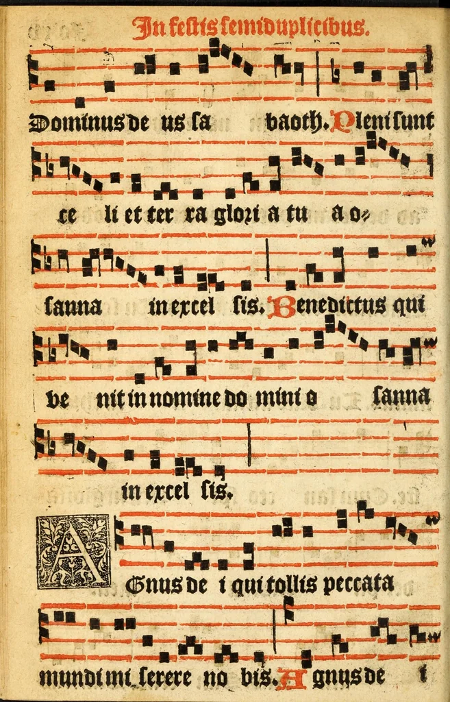 An illustration from Misse familiares cum suis ca[n]tibu[us] angelicis nuperrime ad vngue[m] recognite : nam pleraq[ue] in vetustiorib[us] exe[m]plarib[us] truncata, in hac nouissima recognitione reintegrata sunt sicuti precipue in intonationibus Psalmorum videre est. Misse sole[n]niores toti[us] anni, nuperrime ad vngue[m] recognite. Communes prose totius anni nouissime emendate, 1526, leaf 36