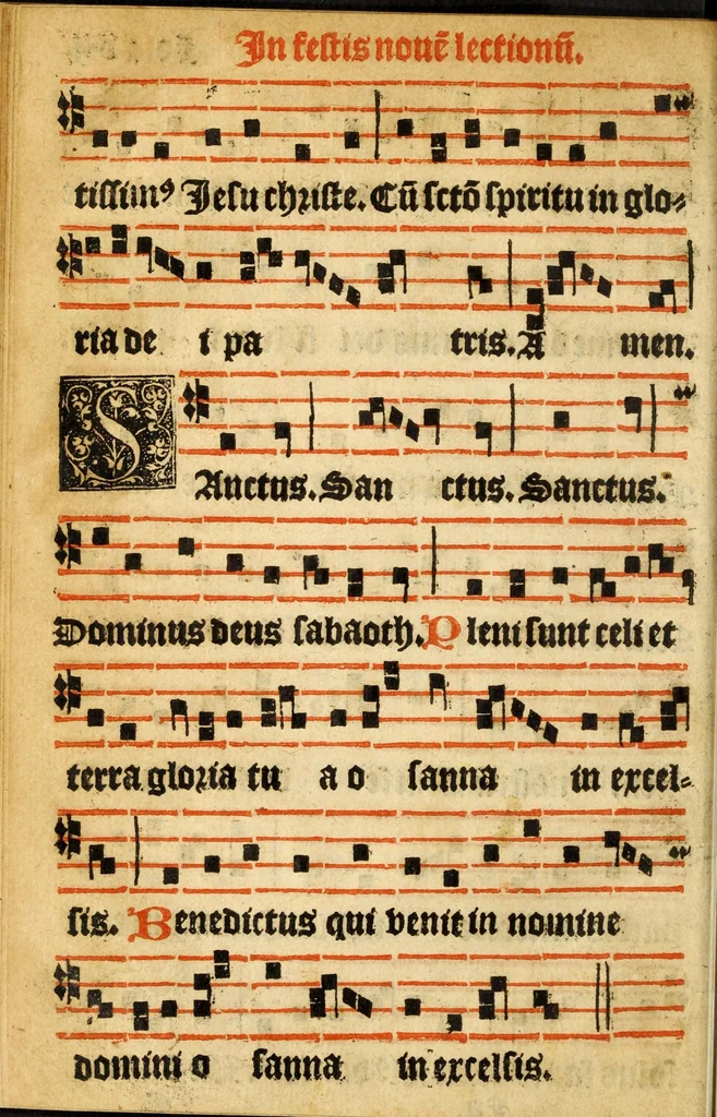 An illustration from Misse familiares cum suis ca[n]tibu[us] angelicis nuperrime ad vngue[m] recognite : nam pleraq[ue] in vetustiorib[us] exe[m]plarib[us] truncata, in hac nouissima recognitione reintegrata sunt sicuti precipue in intonationibus Psalmorum videre est. Misse sole[n]niores toti[us] anni, nuperrime ad vngue[m] recognite. Communes prose totius anni nouissime emendate, 1526, leaf 40
