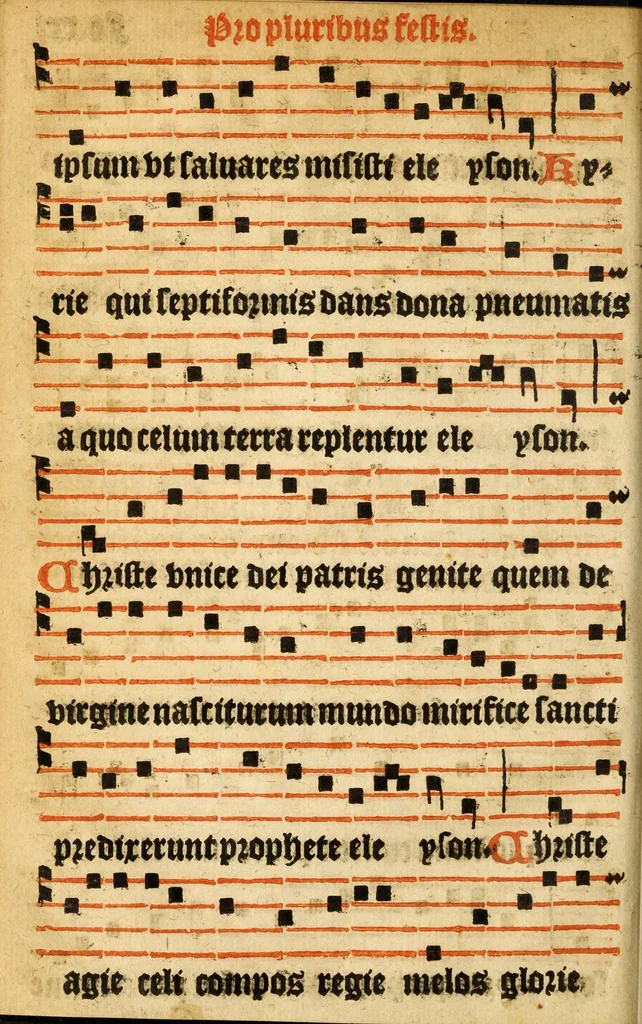 An illustration from Misse familiares cum suis ca[n]tibu[us] angelicis nuperrime ad vngue[m] recognite : nam pleraq[ue] in vetustiorib[us] exe[m]plarib[us] truncata, in hac nouissima recognitione reintegrata sunt sicuti precipue in intonationibus Psalmorum videre est. Misse sole[n]niores toti[us] anni, nuperrime ad vngue[m] recognite. Communes prose totius anni nouissime emendate, 1526, leaf 46