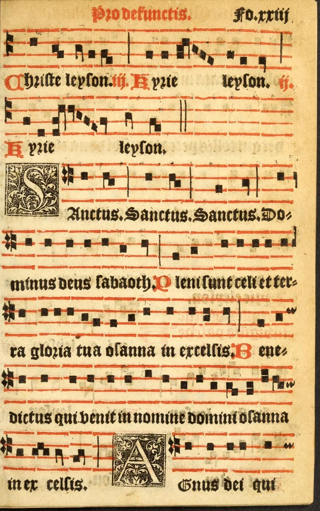 An illustration from Misse familiares cum suis ca[n]tibu[us] angelicis nuperrime ad vngue[m] recognite : nam pleraq[ue] in vetustiorib[us] exe[m]plarib[us] truncata, in hac nouissima recognitione reintegrata sunt sicuti precipue in intonationibus Psalmorum videre est. Misse sole[n]niores toti[us] anni, nuperrime ad vngue[m] recognite. Communes prose totius anni nouissime emendate, 1526, leaf 51