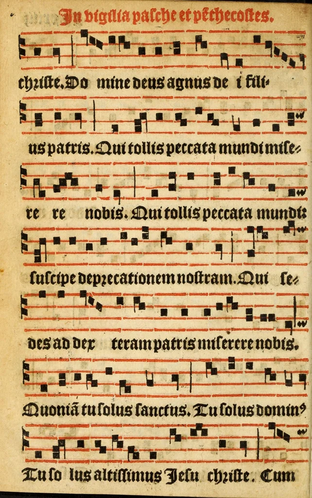 An illustration from Misse familiares cum suis ca[n]tibu[us] angelicis nuperrime ad vngue[m] recognite : nam pleraq[ue] in vetustiorib[us] exe[m]plarib[us] truncata, in hac nouissima recognitione reintegrata sunt sicuti precipue in intonationibus Psalmorum videre est. Misse sole[n]niores toti[us] anni, nuperrime ad vngue[m] recognite. Communes prose totius anni nouissime emendate, 1526, leaf 54