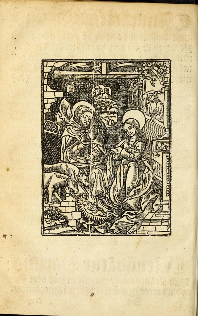 An illustration from Misse familiares cum suis ca[n]tibu[us] angelicis nuperrime ad vngue[m] recognite : nam pleraq[ue] in vetustiorib[us] exe[m]plarib[us] truncata, in hac nouissima recognitione reintegrata sunt sicuti precipue in intonationibus Psalmorum videre est. Misse sole[n]niores toti[us] anni, nuperrime ad vngue[m] recognite. Communes prose totius anni nouissime emendate, 1526, leaf 64