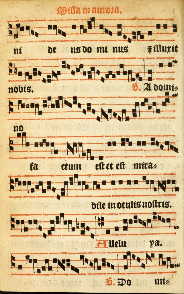 An illustration from Misse familiares cum suis ca[n]tibu[us] angelicis nuperrime ad vngue[m] recognite : nam pleraq[ue] in vetustiorib[us] exe[m]plarib[us] truncata, in hac nouissima recognitione reintegrata sunt sicuti precipue in intonationibus Psalmorum videre est. Misse sole[n]niores toti[us] anni, nuperrime ad vngue[m] recognite. Communes prose totius anni nouissime emendate, 1526, leaf 70