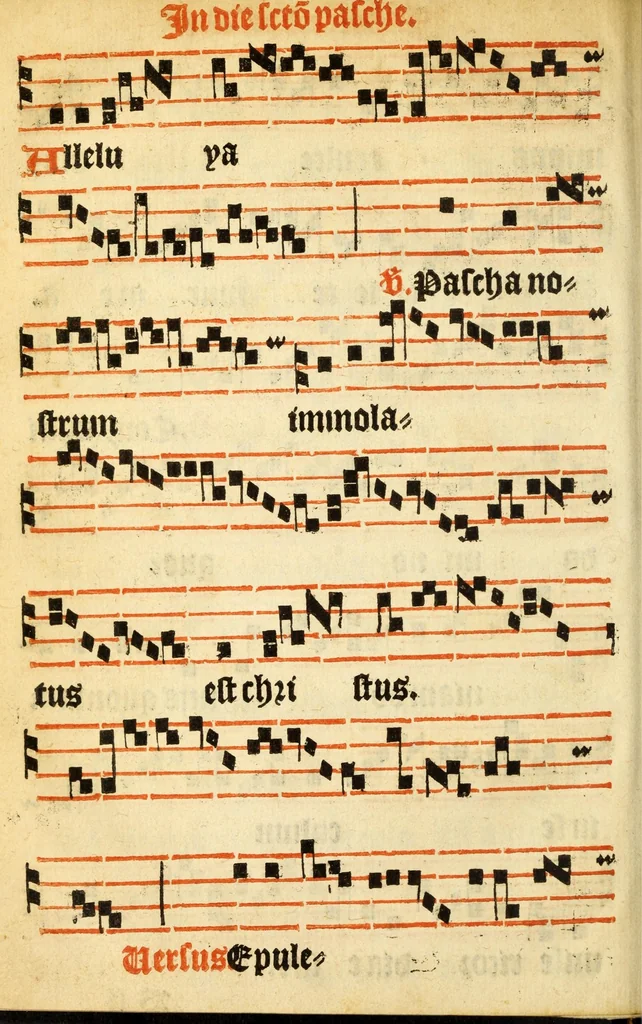 An illustration from Misse familiares cum suis ca[n]tibu[us] angelicis nuperrime ad vngue[m] recognite : nam pleraq[ue] in vetustiorib[us] exe[m]plarib[us] truncata, in hac nouissima recognitione reintegrata sunt sicuti precipue in intonationibus Psalmorum videre est. Misse sole[n]niores toti[us] anni, nuperrime ad vngue[m] recognite. Communes prose totius anni nouissime emendate, 1526, leaf 82