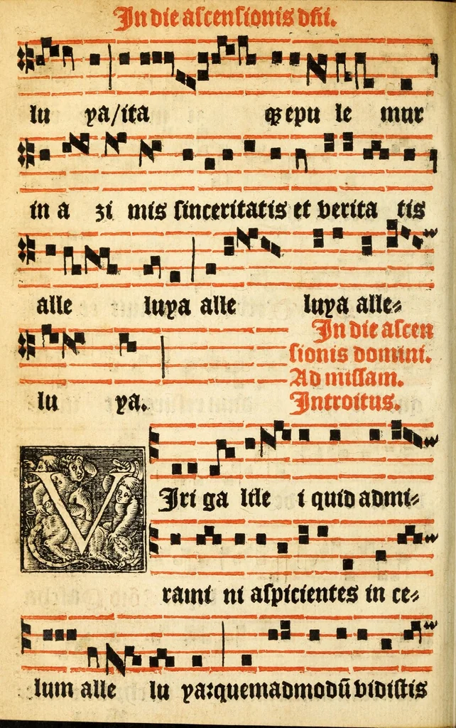 An illustration from Misse familiares cum suis ca[n]tibu[us] angelicis nuperrime ad vngue[m] recognite : nam pleraq[ue] in vetustiorib[us] exe[m]plarib[us] truncata, in hac nouissima recognitione reintegrata sunt sicuti precipue in intonationibus Psalmorum videre est. Misse sole[n]niores toti[us] anni, nuperrime ad vngue[m] recognite. Communes prose totius anni nouissime emendate, 1526, leaf 84
