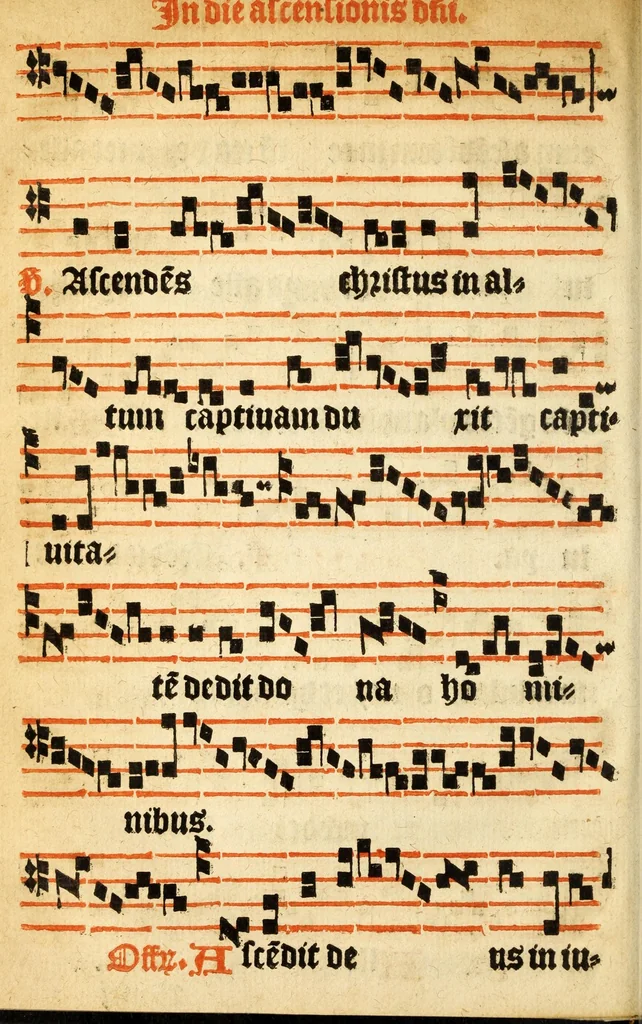 An illustration from Misse familiares cum suis ca[n]tibu[us] angelicis nuperrime ad vngue[m] recognite : nam pleraq[ue] in vetustiorib[us] exe[m]plarib[us] truncata, in hac nouissima recognitione reintegrata sunt sicuti precipue in intonationibus Psalmorum videre est. Misse sole[n]niores toti[us] anni, nuperrime ad vngue[m] recognite. Communes prose totius anni nouissime emendate, 1526, leaf 86