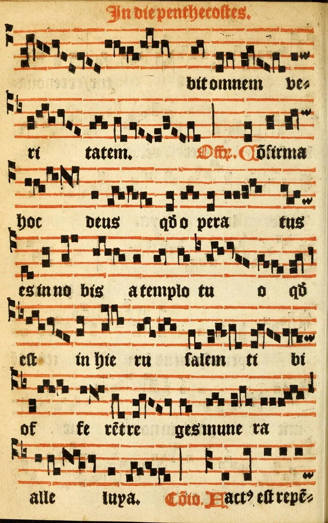 An illustration from Misse familiares cum suis ca[n]tibu[us] angelicis nuperrime ad vngue[m] recognite : nam pleraq[ue] in vetustiorib[us] exe[m]plarib[us] truncata, in hac nouissima recognitione reintegrata sunt sicuti precipue in intonationibus Psalmorum videre est. Misse sole[n]niores toti[us] anni, nuperrime ad vngue[m] recognite. Communes prose totius anni nouissime emendate, 1526, leaf 90