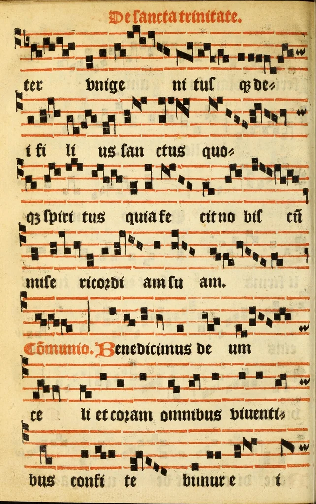 An illustration from Misse familiares cum suis ca[n]tibu[us] angelicis nuperrime ad vngue[m] recognite : nam pleraq[ue] in vetustiorib[us] exe[m]plarib[us] truncata, in hac nouissima recognitione reintegrata sunt sicuti precipue in intonationibus Psalmorum videre est. Misse sole[n]niores toti[us] anni, nuperrime ad vngue[m] recognite. Communes prose totius anni nouissime emendate, 1526, leaf 94