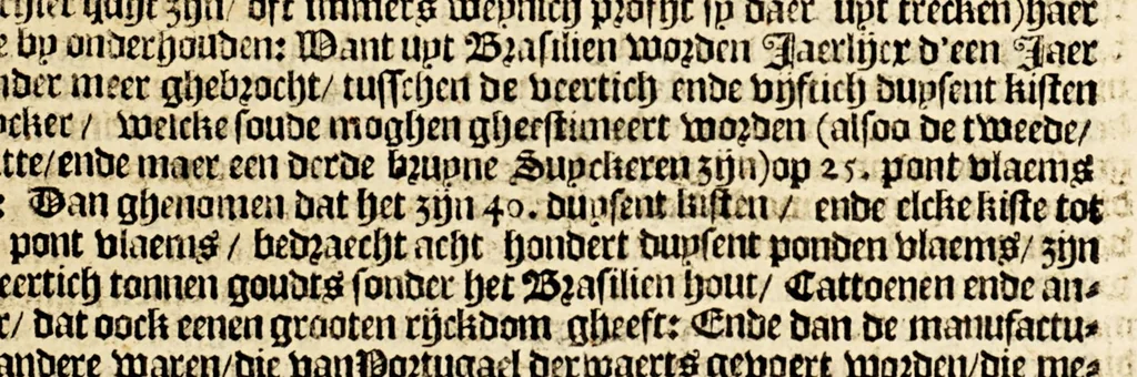 An illustration from Missive. Daer in kortelijck en[de] grondigh wert veerthoont, hoe veel de Vereenighde Nederlanden gelegen is aen de Oost ende West-Indische navigatie. : Mitsgaders 't profijt, datmen van de Oost-Indische Compagnie, geduyrende den tijdt van 24. jaren herwaerts, daer uyt heeft ghetrocken. Ende met fondamentale redenen werdt bewesen, dat door de gheoctroyeerde West Indische navigatie, meer voordeel voor de participanten met meerder dienste voor de Nederlantsche Provintien, grooter schade ende afbreuck voor den Coninck van Spaengten zy te verwachten., 1621, leaf 15