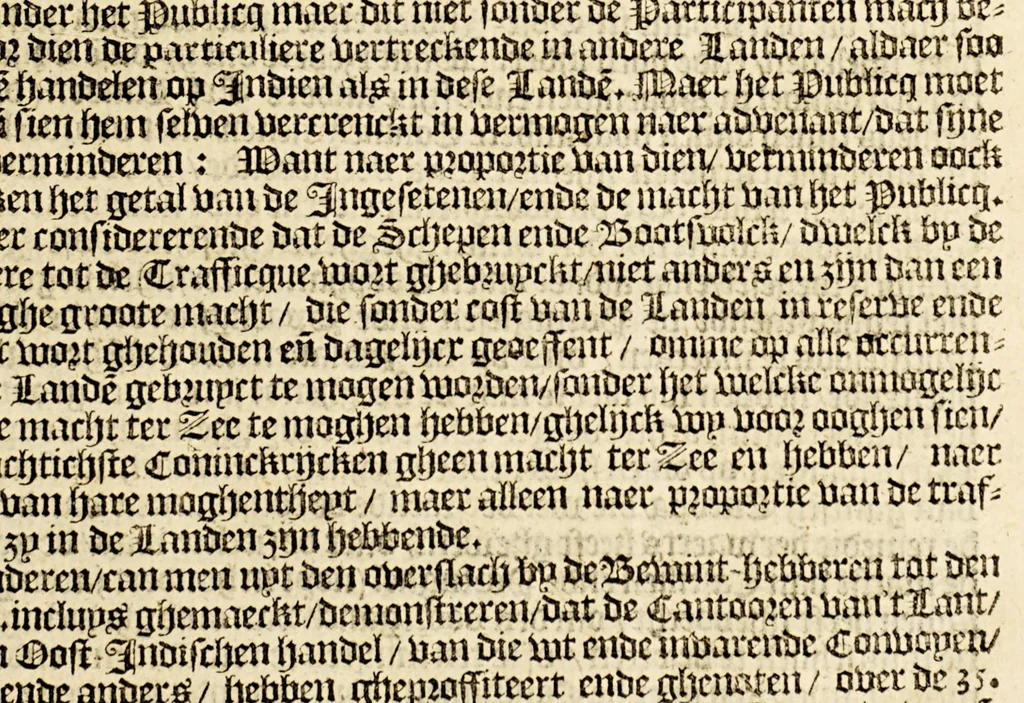 An illustration from Missive. Daer in kortelijck en[de] grondigh wert veerthoont, hoe veel de Vereenighde Nederlanden gelegen is aen de Oost ende West-Indische navigatie. : Mitsgaders 't profijt, datmen van de Oost-Indische Compagnie, geduyrende den tijdt van 24. jaren herwaerts, daer uyt heeft ghetrocken. Ende met fondamentale redenen werdt bewesen, dat door de gheoctroyeerde West Indische navigatie, meer voordeel voor de participanten met meerder dienste voor de Nederlantsche Provintien, grooter schade ende afbreuck voor den Coninck van Spaengten zy te verwachten., 1621, leaf 9