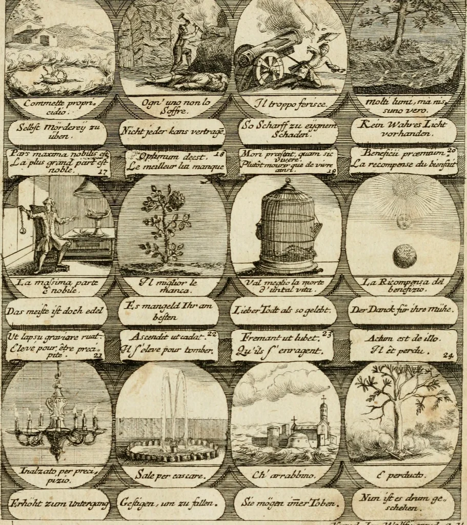 An illustration from M. Laurentii Wolfgangi Woyttens Emblematischer Parnassus : worauf die Musen, ihre Blumen-Lese, zu allerhand Freuden und Trauer-Kräntzen halten : um, den Lob-werthen Tugend-Chor, durch angenehme Rosen : hergegen, das ungezähmte Laster-Thun, mit wildem Dorn- und Distel-Flor, zu krönen : nach specialem Verlangen, in einem Gefilde, von funffzehen Hundert in dreyen verschiedlichen Theilen verfassten .., 1727, leaf 10