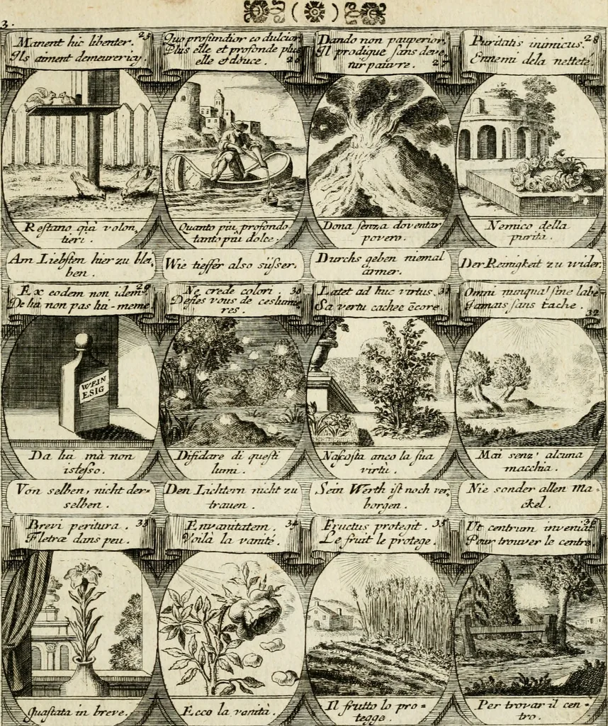 An illustration from M. Laurentii Wolfgangi Woyttens Emblematischer Parnassus : worauf die Musen, ihre Blumen-Lese, zu allerhand Freuden und Trauer-Kräntzen halten : um, den Lob-werthen Tugend-Chor, durch angenehme Rosen : hergegen, das ungezähmte Laster-Thun, mit wildem Dorn- und Distel-Flor, zu krönen : nach specialem Verlangen, in einem Gefilde, von funffzehen Hundert in dreyen verschiedlichen Theilen verfassten .., 1727, leaf 100